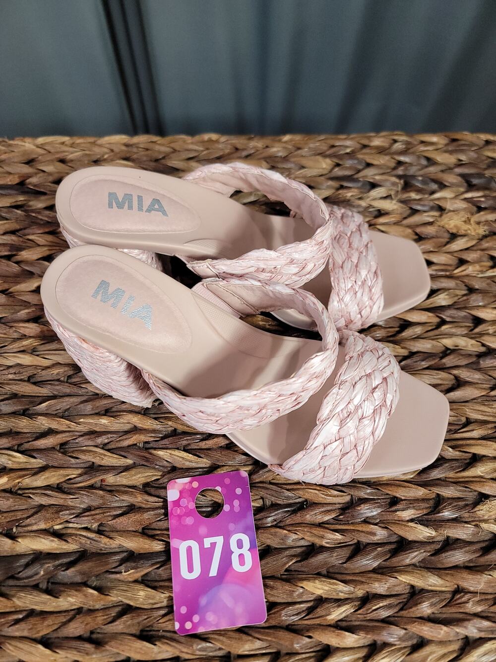 MIA Women's 7 M Pink Raffia Braided Straps Block Heel Open Toe Slide Sandals